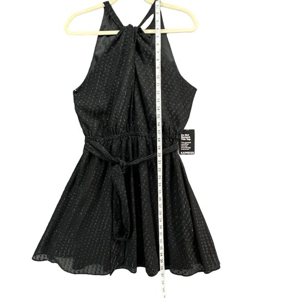 Express Metallic Halter Dress M Black Sparkle Fit Flare Belted Party Evening NEW - Picture 8 of 16